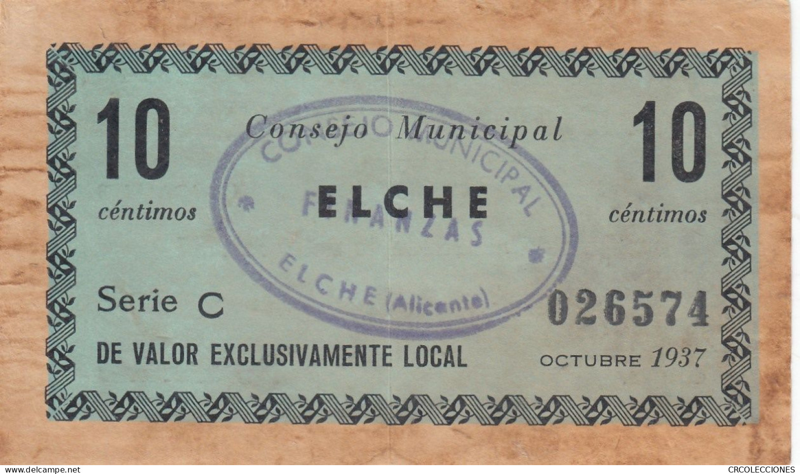 CRBL0200 BILLETE LOCAL ELCHE 10 CTS 1937 - Sonstige & Ohne Zuordnung