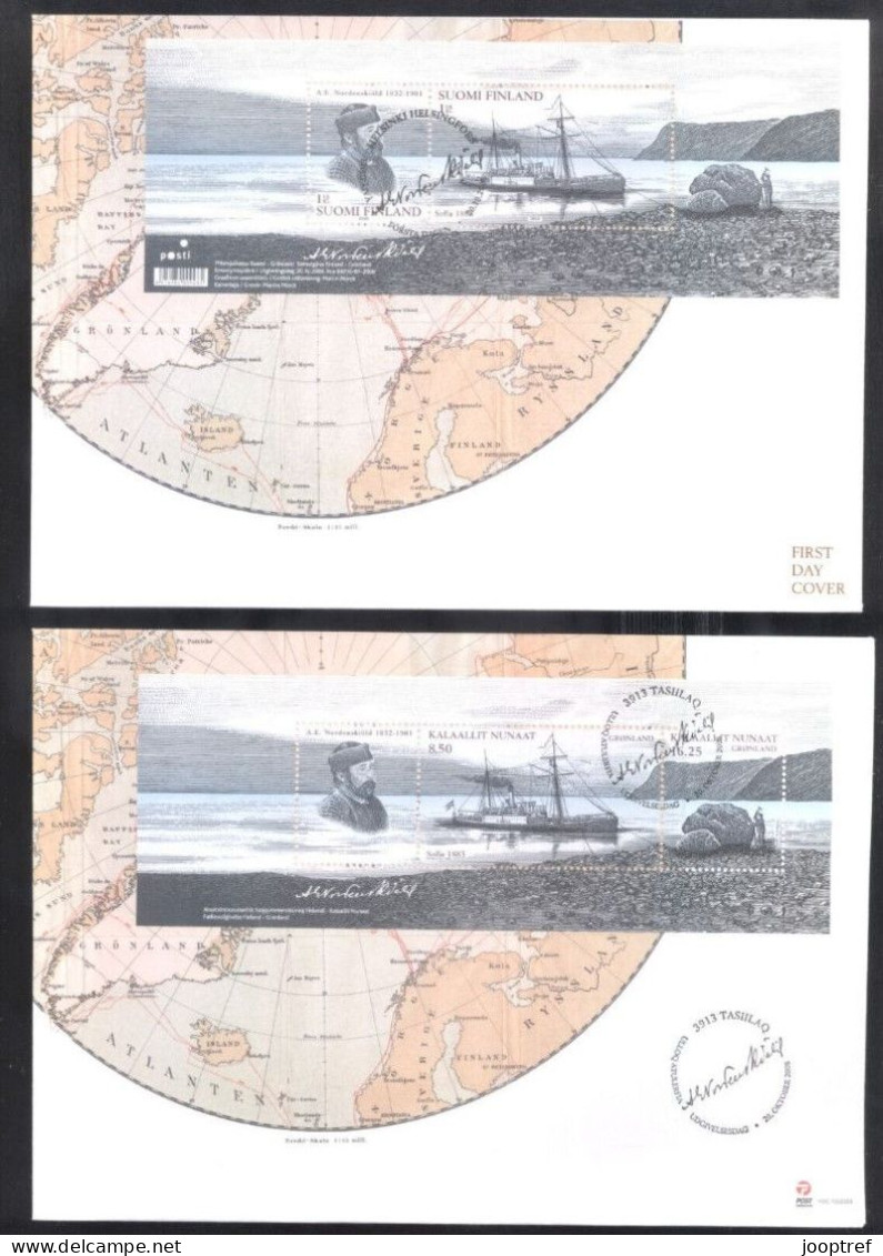 2008 Joint Finland And Greenland, BOTH OFFICIAL FDC'S WITH SOUVENIR SHEET: Polar Explorer Nordenskiöld - Emissioni Congiunte