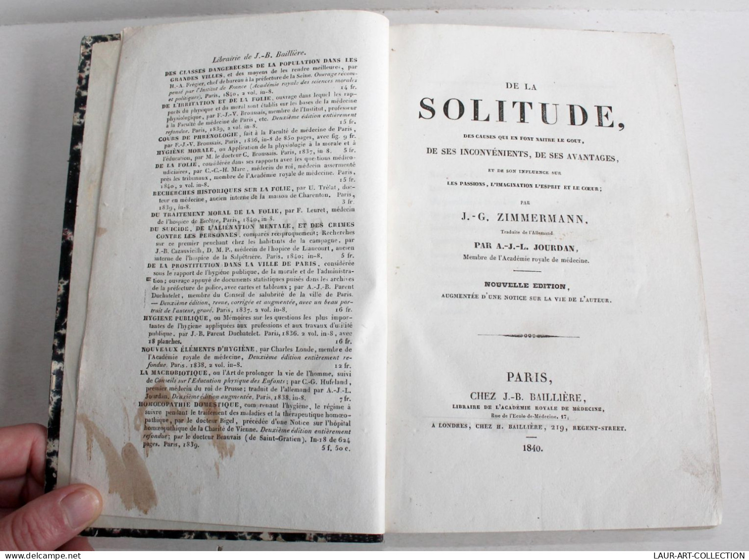 DE LA SOLITUDE DES CAUSES QUI FONT NAITRE LE GOUT Par ZIMMERMANN 1840 BAILLIERE, ANCIEN LIVRE XIXe SIECLE (1803.222) - 1801-1900