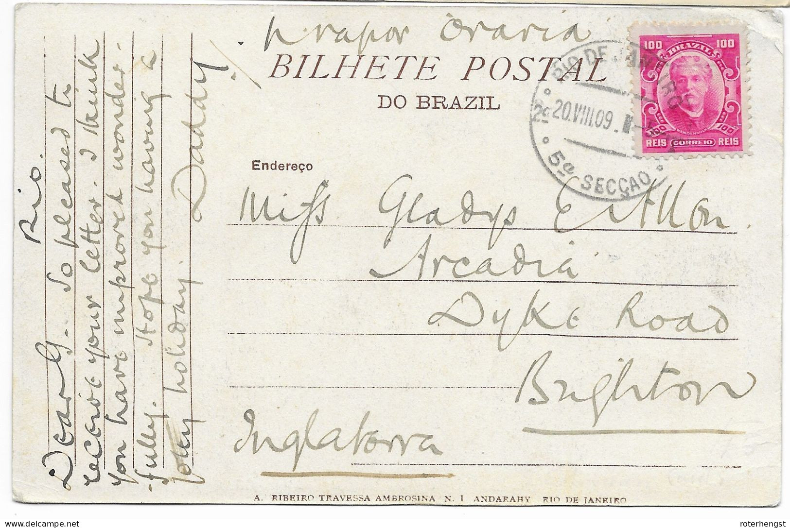 Brazil Postcard 1909 Rio To Brighton UK - Briefe U. Dokumente