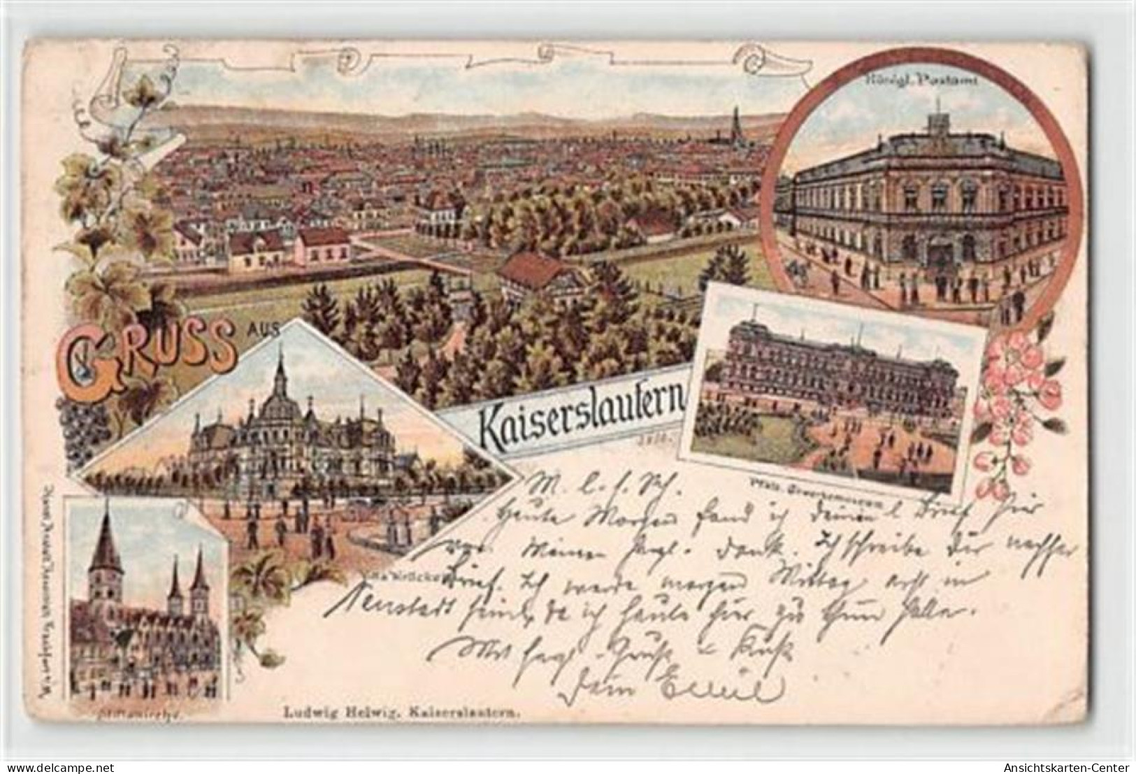 39127204 - Lithographie Kaiserslautern Mit Koenigl. Postamt Und Pfaelz. Gewerbemuseum Gelaufen Kleiner Knick Unten Rech - Kaiserslautern