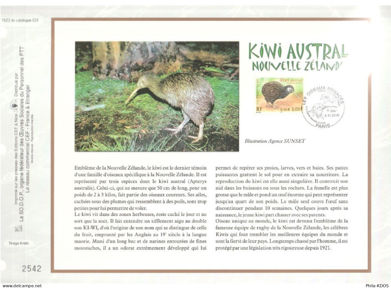 " KIWI AUSTRAL ". Sur Feuillet CEF De 2000. N° 1523. N° YT 3360. Parfait état FDC à Saisir !!! - Kiwis