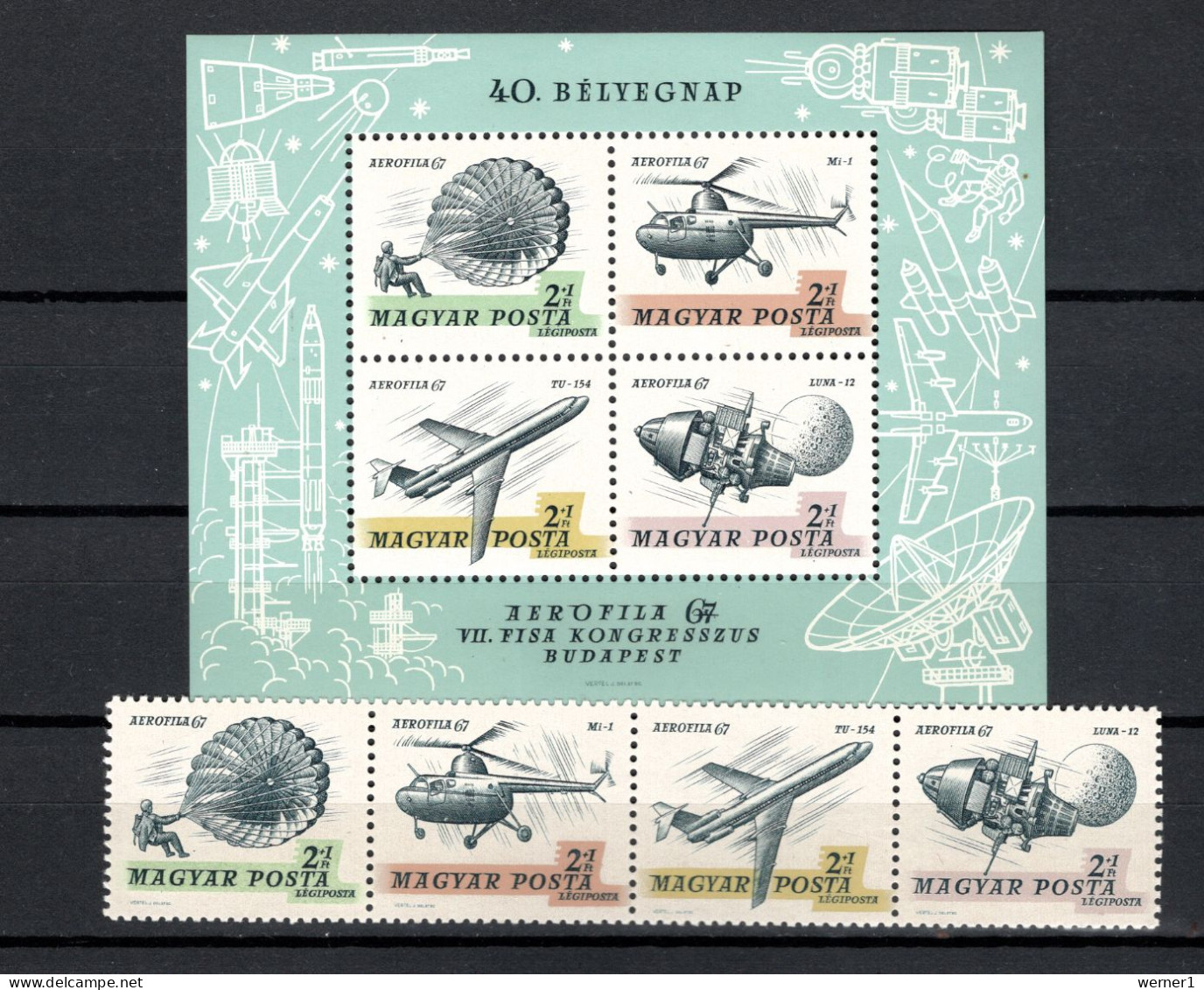 Hungary 1967 Space, Aerophila 67, Aviation Set Of 4 + S/s MNH - Europe