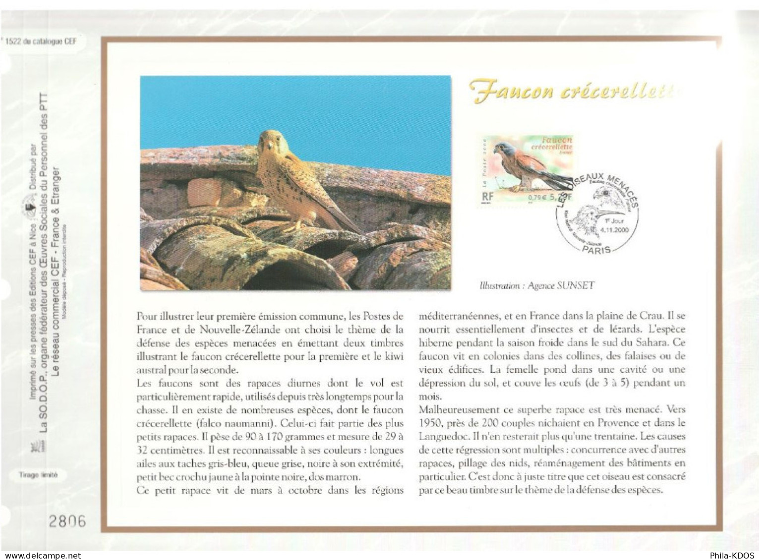 " FAUCON CRECERELLETTE ". Sur Feuillet CEF De 2000. N° 1522. N° YT 3361. Parfait état FDC à Saisir !!! - Eagles & Birds Of Prey