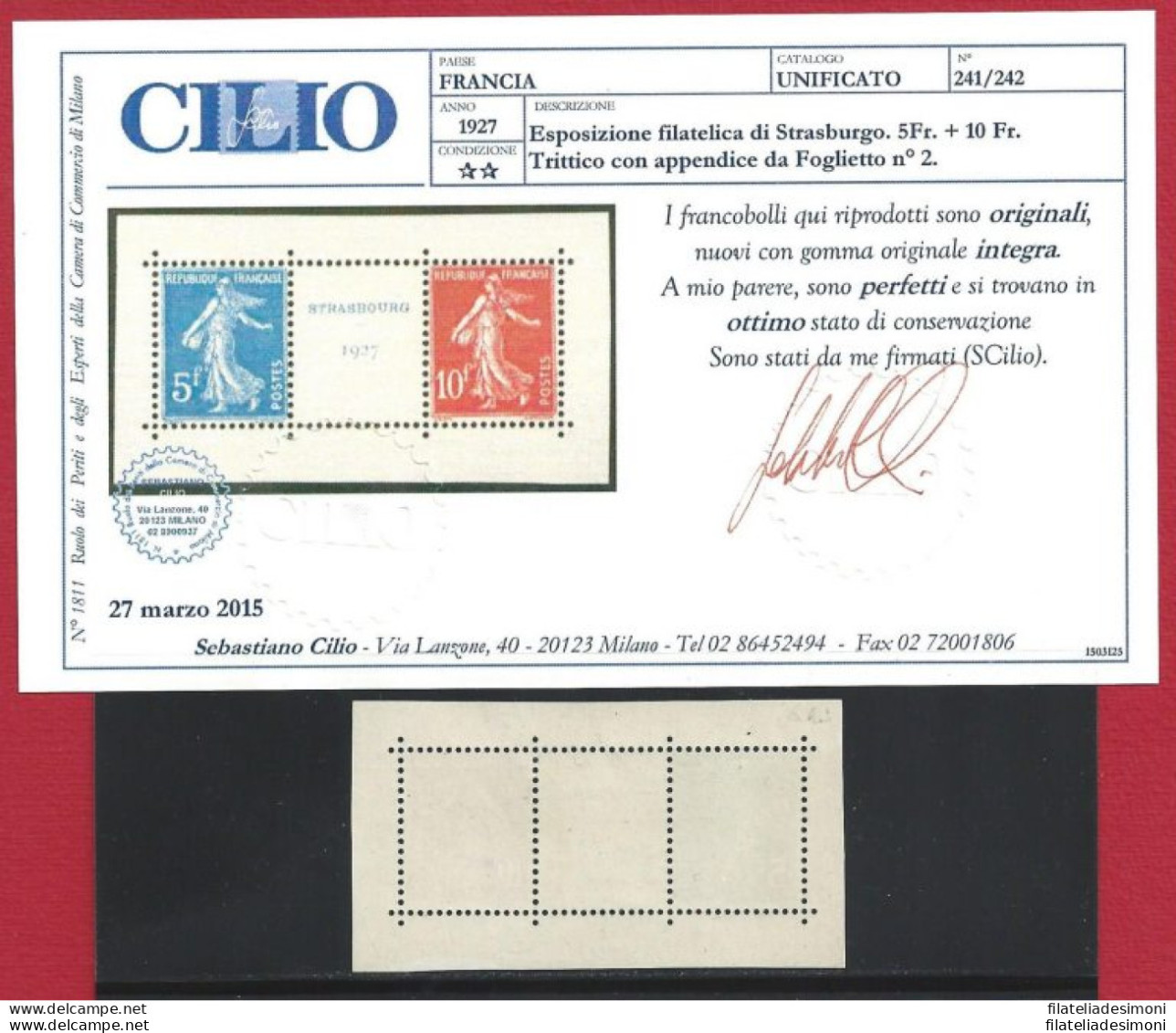 1927 FRANCIA  N° 241/242  Esposizione Filatelica Di Strasburgo - Trittico - MNH - Other & Unclassified