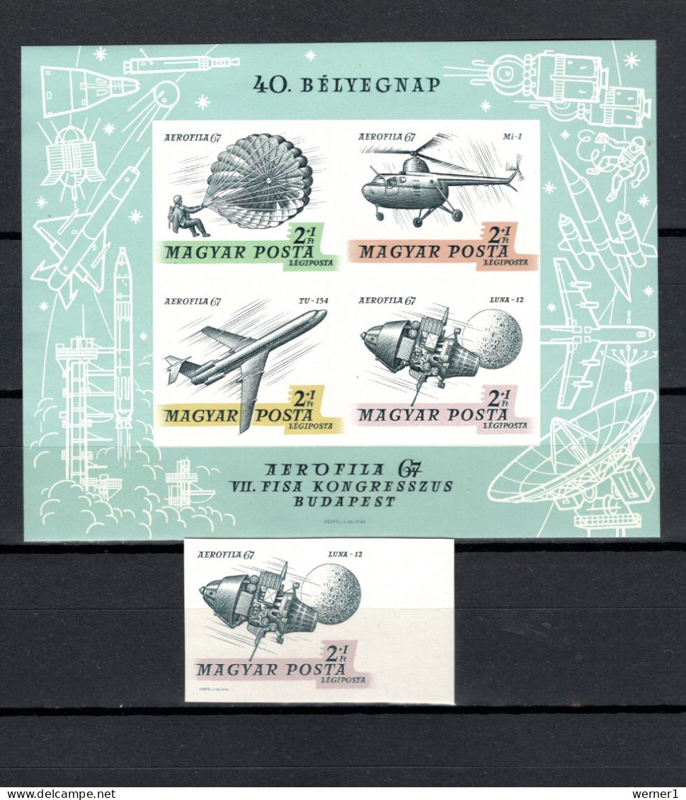 Hungary 1967 Space, Aerophila 67, Aviation Stamp + S/s Imperf. MNH -scarce- - Europa