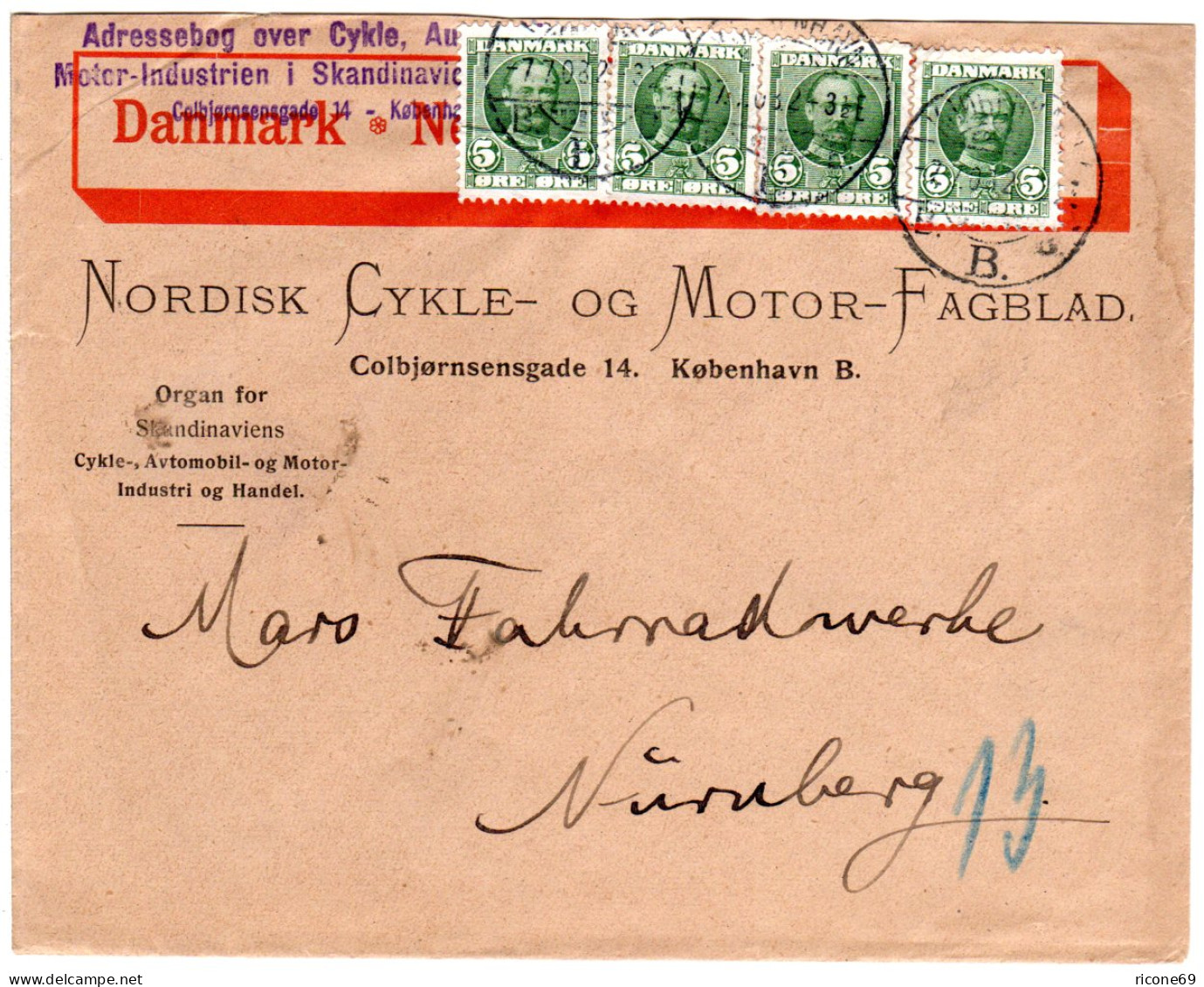 Dänemark 1908, 4x5 öre Auf Umschlag Nordisk Cycle- Og Motor- Fagblad  - Altri & Non Classificati