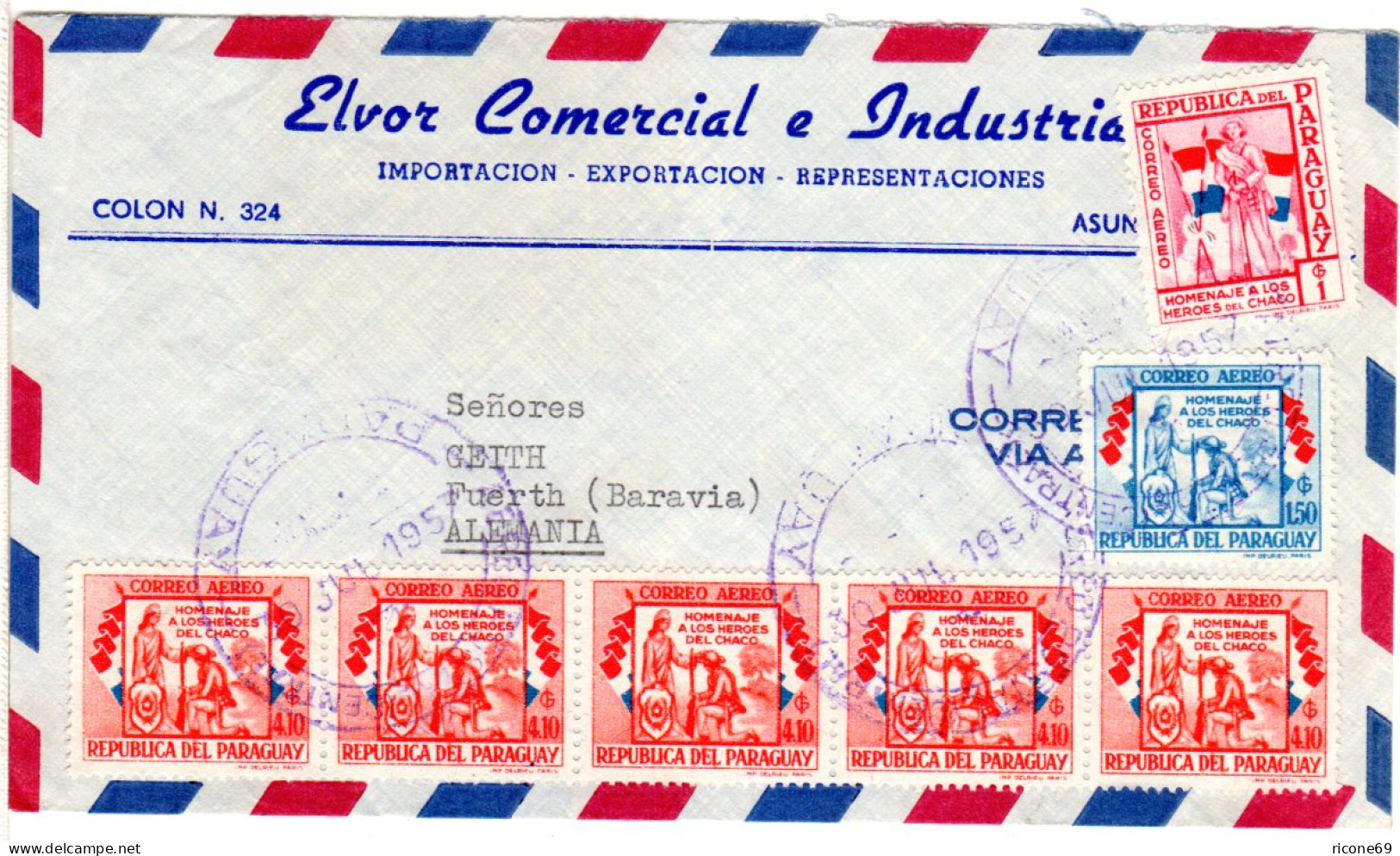 Paraguay 1957, 7 Werte Heroes Del Chaco Auf Firmen Luftpost Brief N. Deutschland - Paraguay