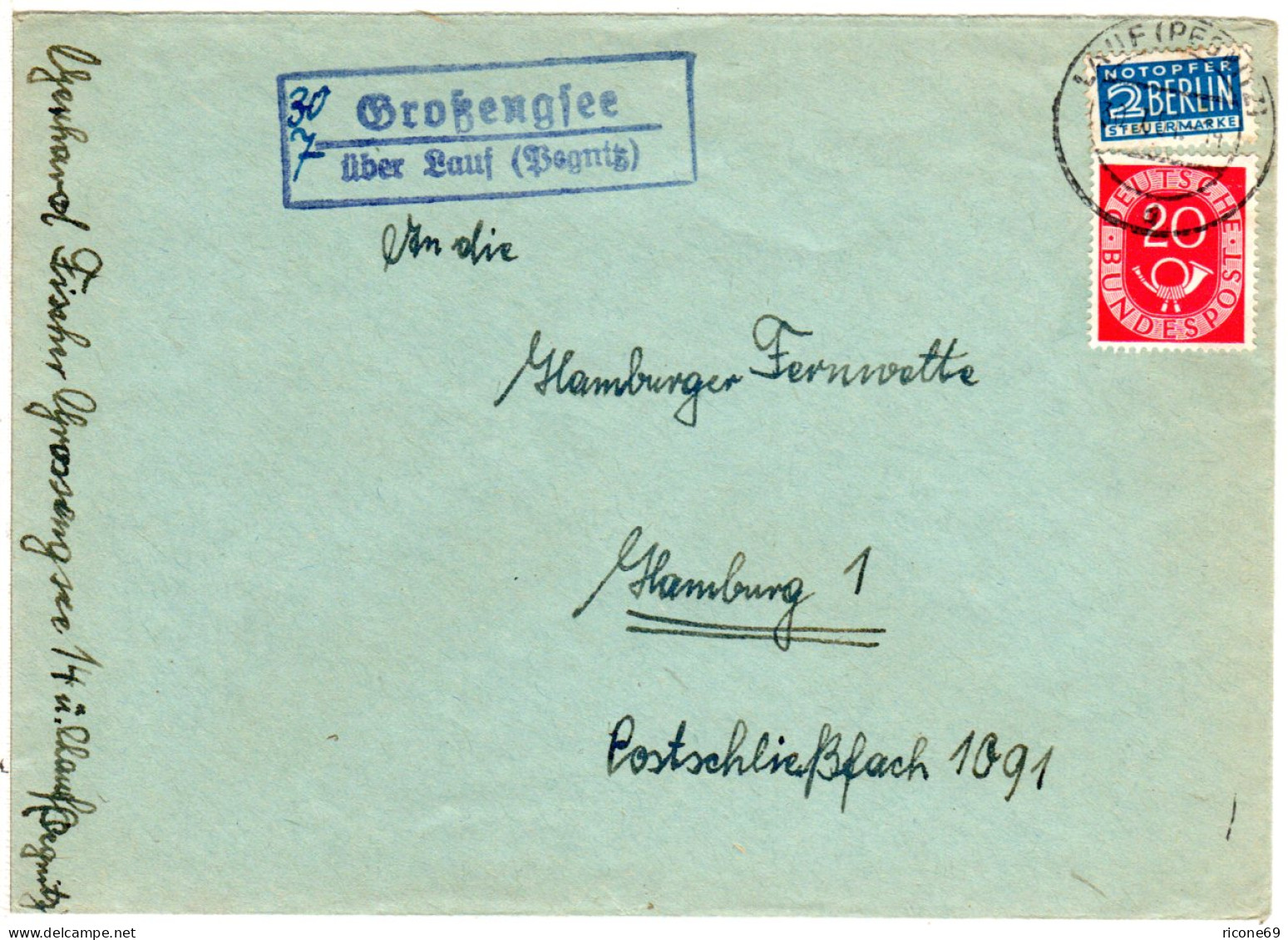 BRD 1951, Landpost Stempel GROSSENGSEE über Lauf Klar Auf Brief M. 20 Pf.  - Sammlungen