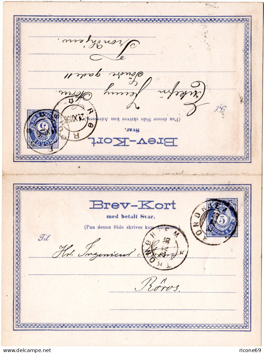 Norwegen P23, 5 öre Doppel Ganzsache 1896 Hin+her Gebr. M. Bedarfstext! - Lettres & Documents