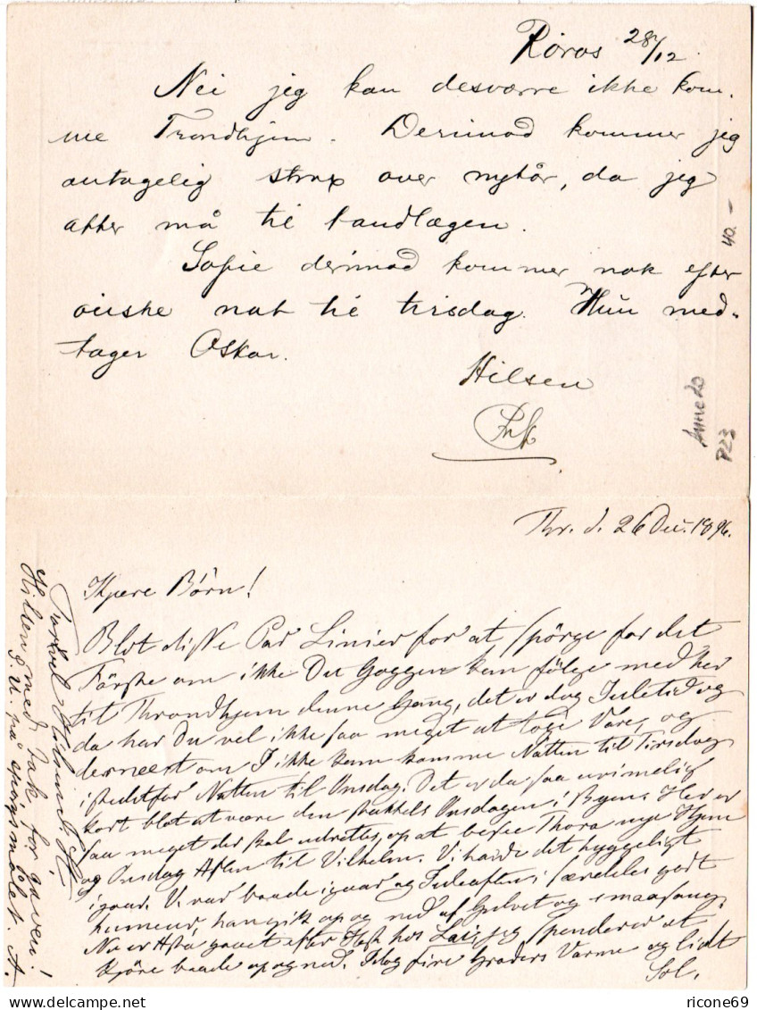 Norwegen P23, 5 öre Doppel Ganzsache 1896 Hin+her Gebr. M. Bedarfstext! - Lettres & Documents