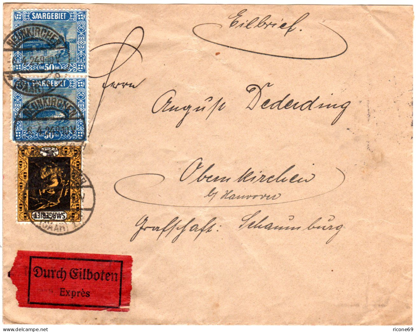 Saargebiet 1924, 5+Paar 50 C. Auf Portorichtigem Eilboten Brief V. Neunkirchen - Cartas & Documentos