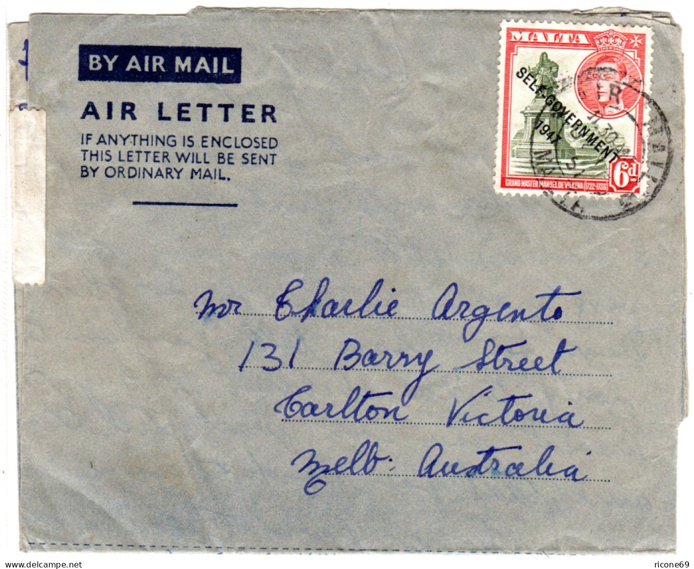 Malta 1951, 6d Auf Air Letter Luftpost Brief N. Australien.  - Malta