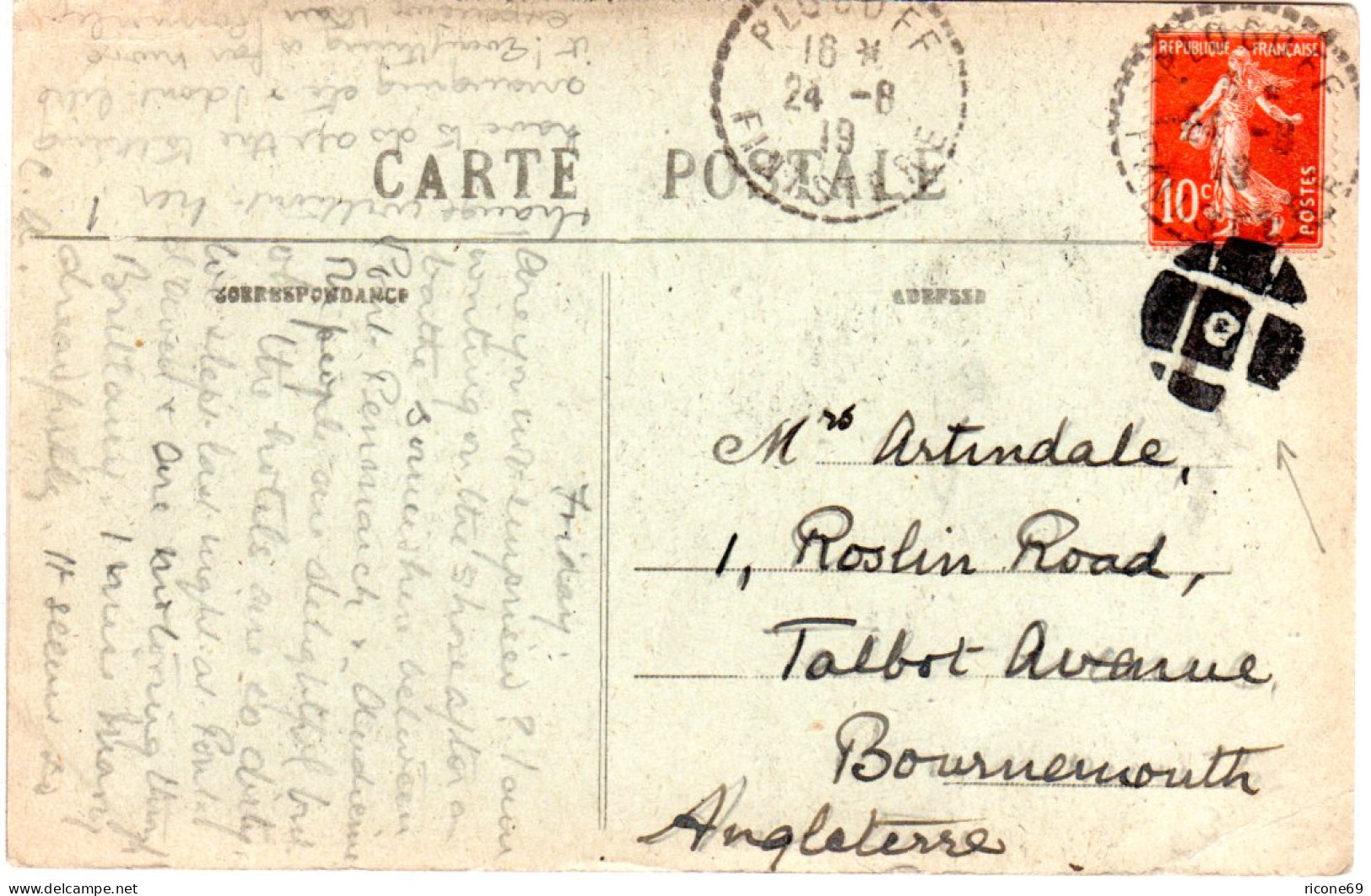 Frankreich 1919, 10 C. Auf Karte V. PLOGOFF M. Zusätzl. Stummem Kork Stpl. N. GB - Altri & Non Classificati