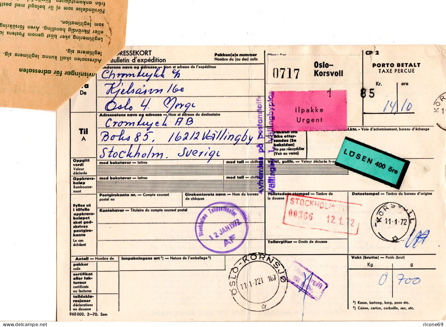 Norwegen 1972, Eil Paketkarte V. Oslo-Korsvoll M. Bahnpost U. Schweden Nachporto - Brieven En Documenten