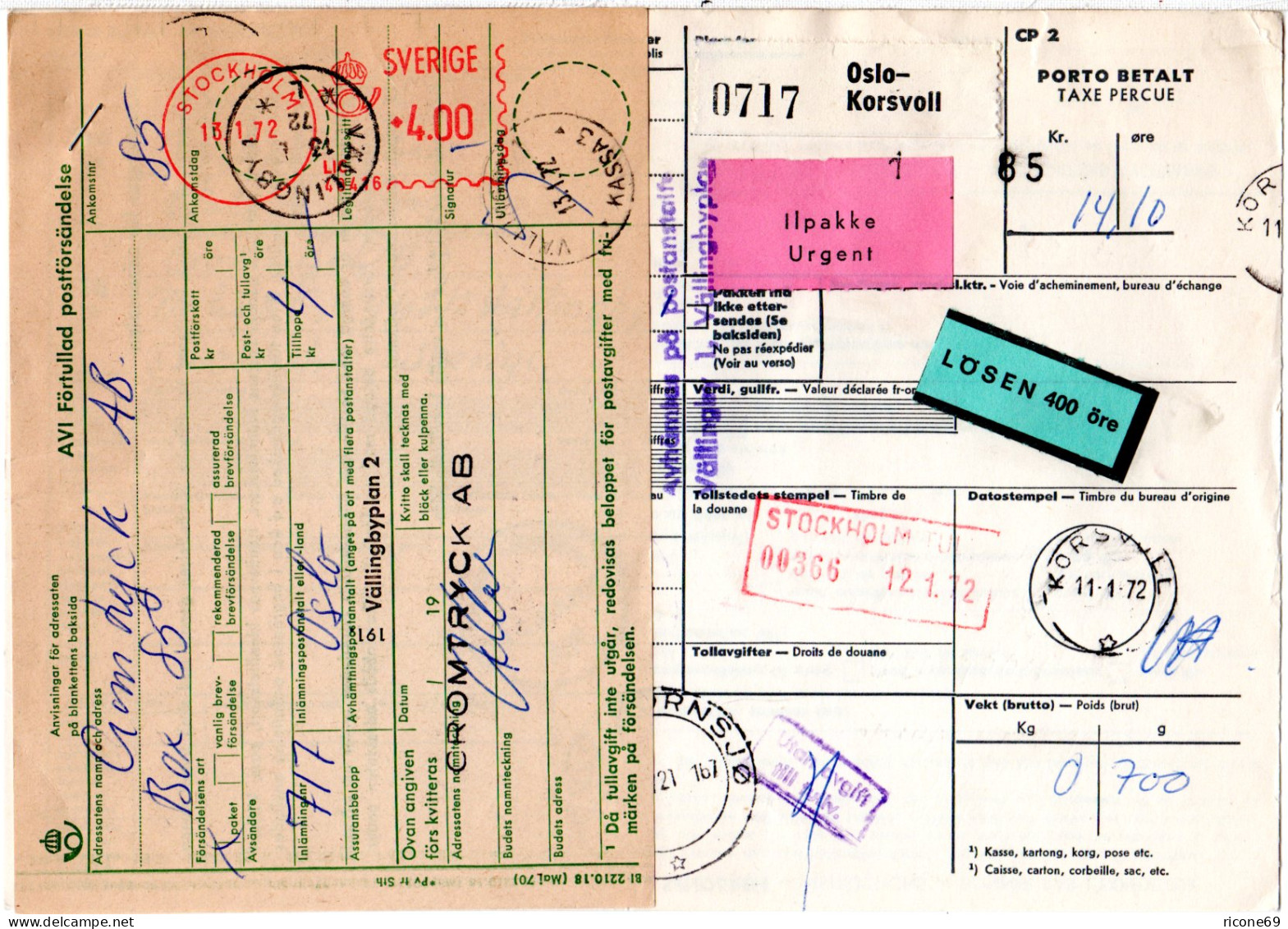 Norwegen 1972, Eil Paketkarte V. Oslo-Korsvoll M. Bahnpost U. Schweden Nachporto - Lettres & Documents