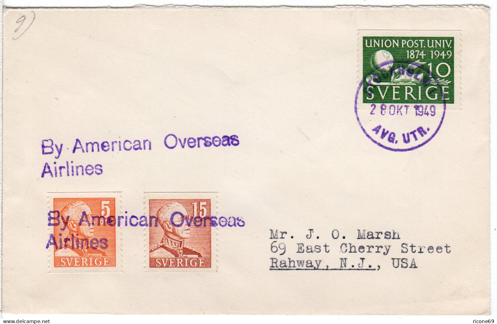 Schweden 1949, By American Overseas Airlines Cover From Stockholm To US - Brieven En Documenten