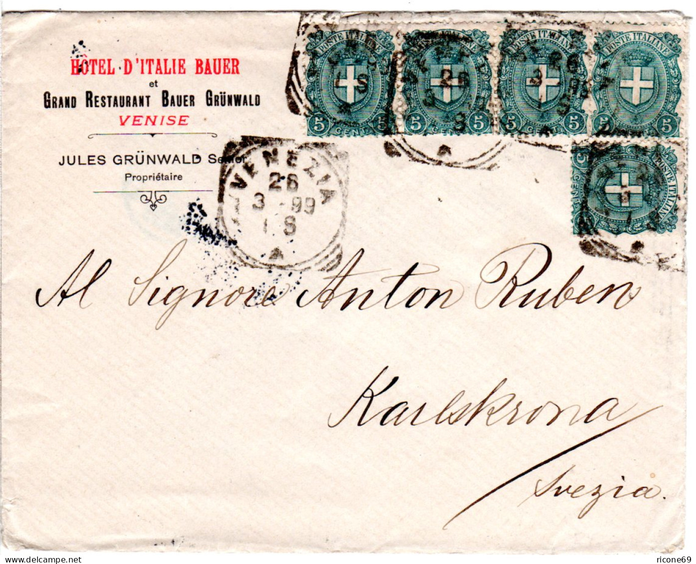 Italien 1899, 5x5 C. Auf Hotel Brief V. VENEZIA N. Schweden. - Ohne Zuordnung
