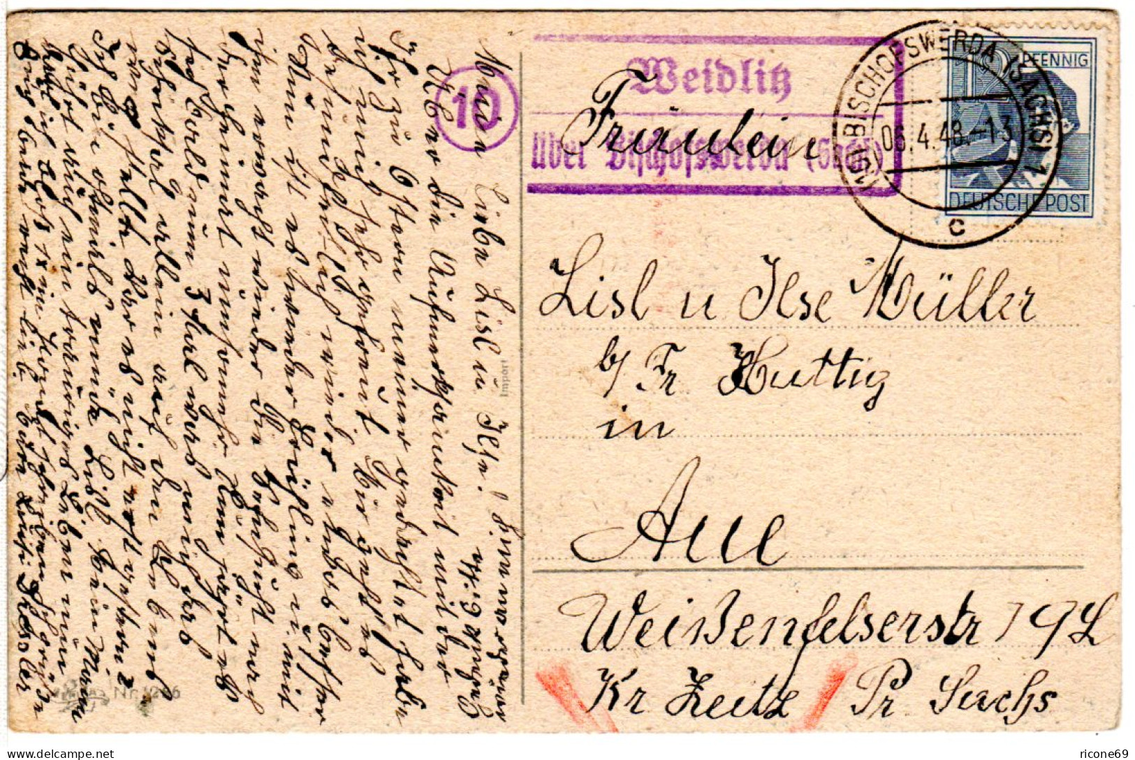 1948, Landpost Stpl. 10 WEIDLITZ über Bischofswerda Auf Karte M. 12 Pf. - Collezioni