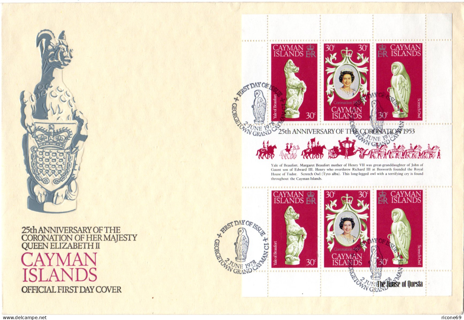 Kaiman Inseln, Queen Elizabeth Krönungsjubiläum, Kleinbogen+Herzstück Auf 2 FDC - Kaaiman Eilanden