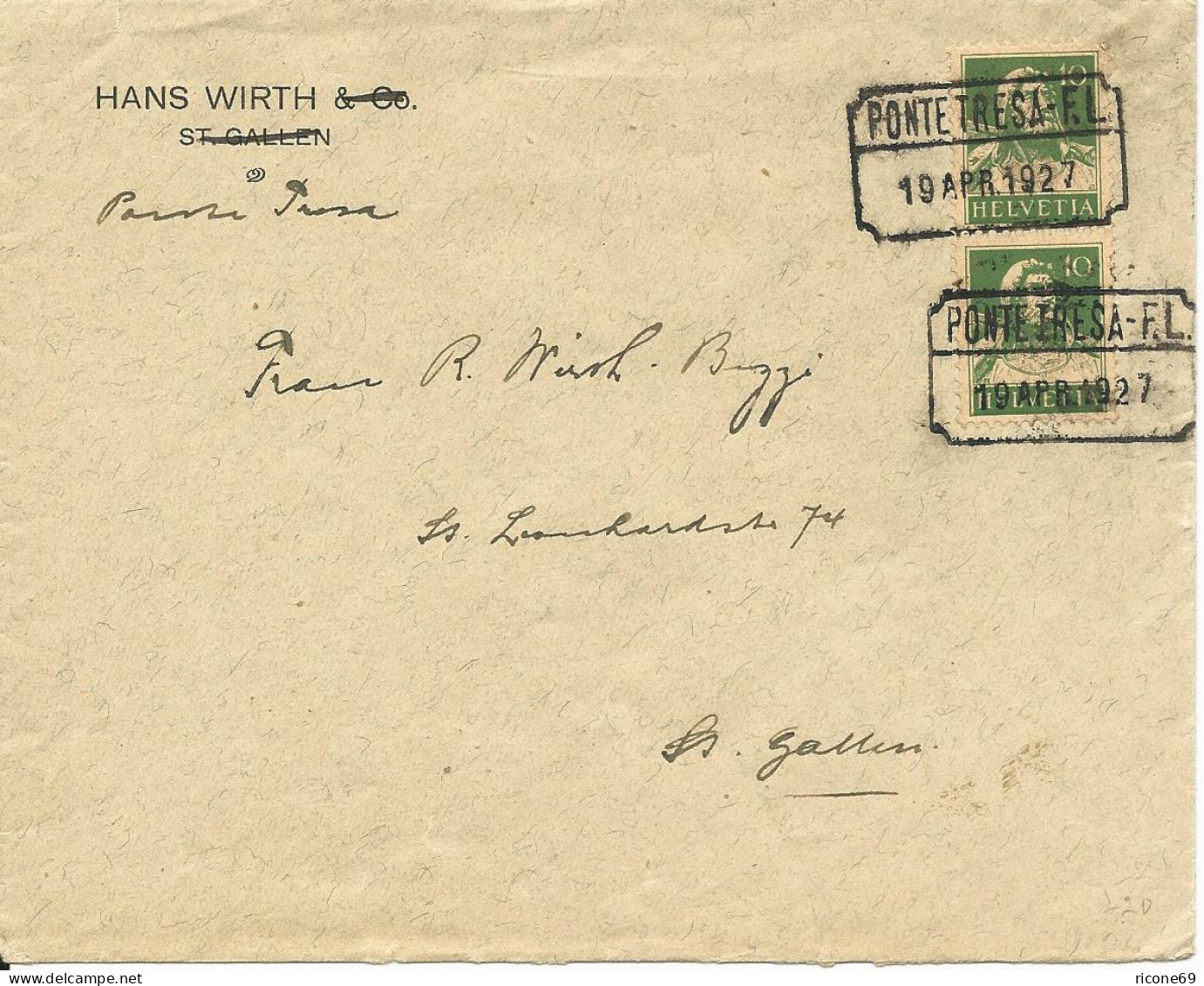 Schweiz 1927, PONTE TRESA F.L., Bahnamtl. Stpl. Auf Brief M. Paar 10 C. - Autres & Non Classés