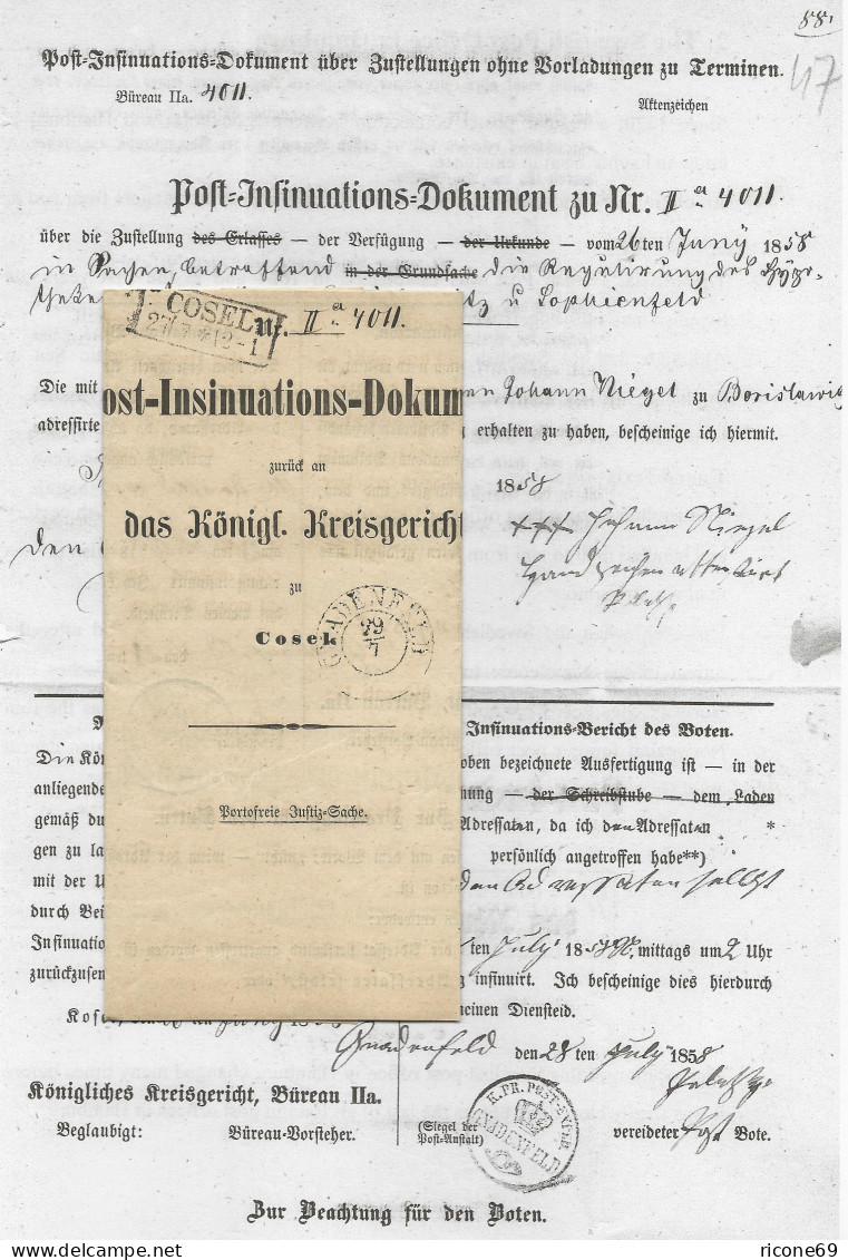 Preussen 1858, Insinuations Dokument M. R2 COSEL U. K2 Gnadenfeld. Oberschlesien - Lettres & Documents