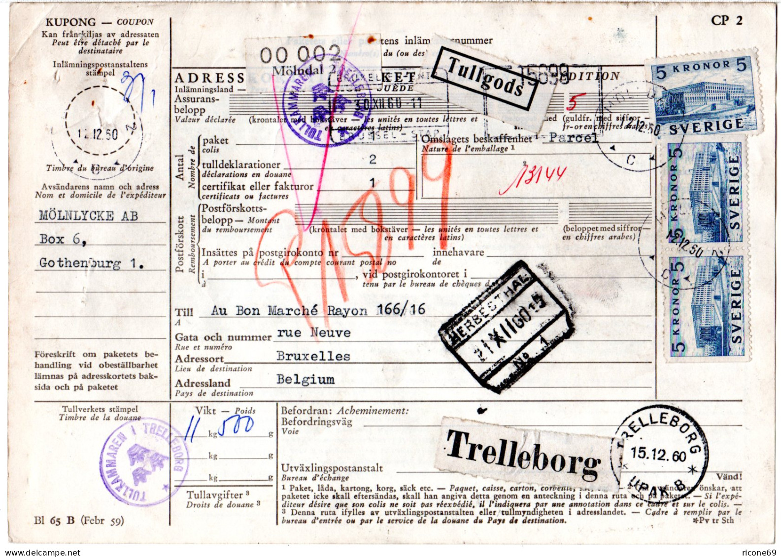 Schweden 1960, MeF 3x5 Kr. Auf Paketkarte V. Mölndal N. Belgien - Lettres & Documents