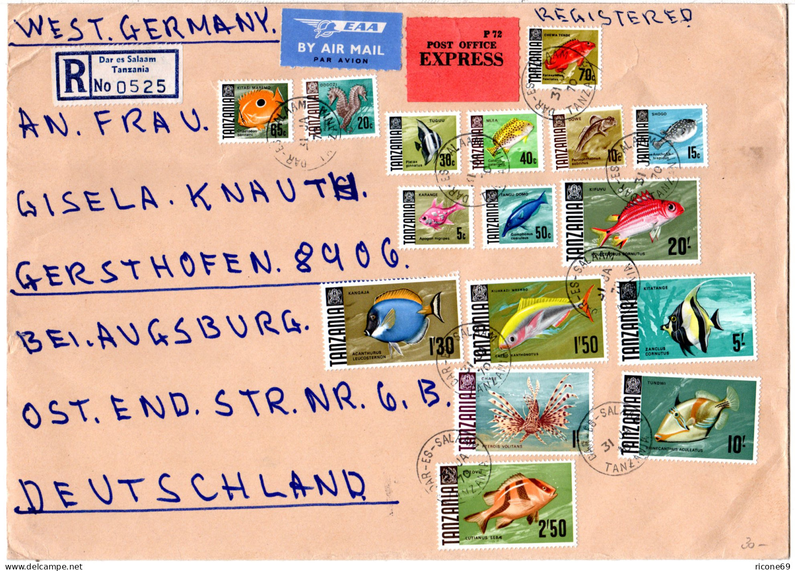 Tanzania 19-34, Fische, 16 Werte Kpl. Auf Luftpost Reko Express Brief  - Tansania (1964-...)