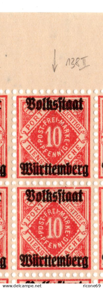 Württemberg D 138, 10 Pf. Volksstaat, Bogenteil M. 40 Marken Inkl. Plattenfehler - Neufs