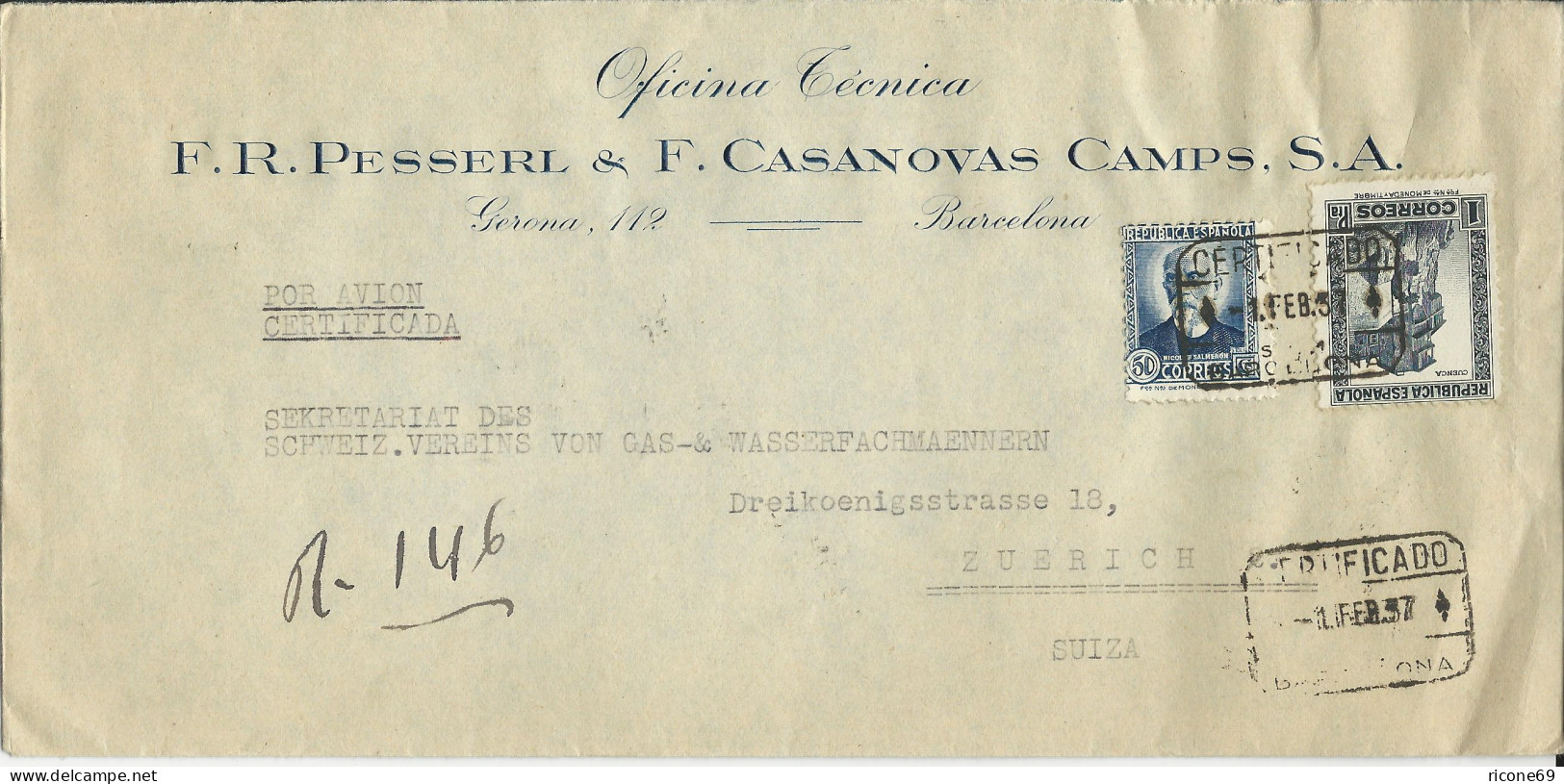 Spanien 1937, Luftpost Einschreiben Brief V. Barcelona I.d. Schweiz - Sonstige & Ohne Zuordnung