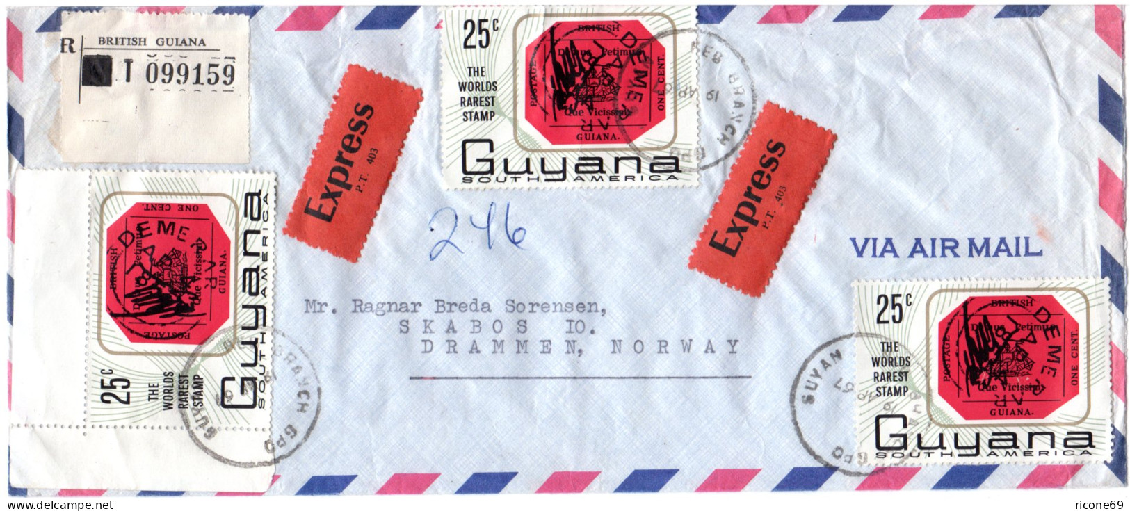 Guyana 1967. MeF 3x25 C. 1d Red Briefmarke Auf Reko Express Brief N. Norwegen - Guyana (1966-...)