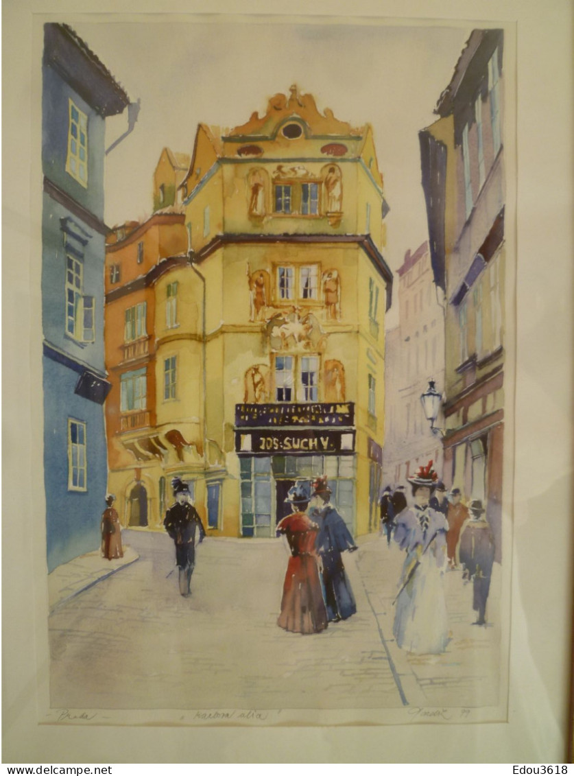Aquarelle Signée Gareck - Rue Karlova Vieille Ville De Prague En 1899 - République Tchèque - Aquarel