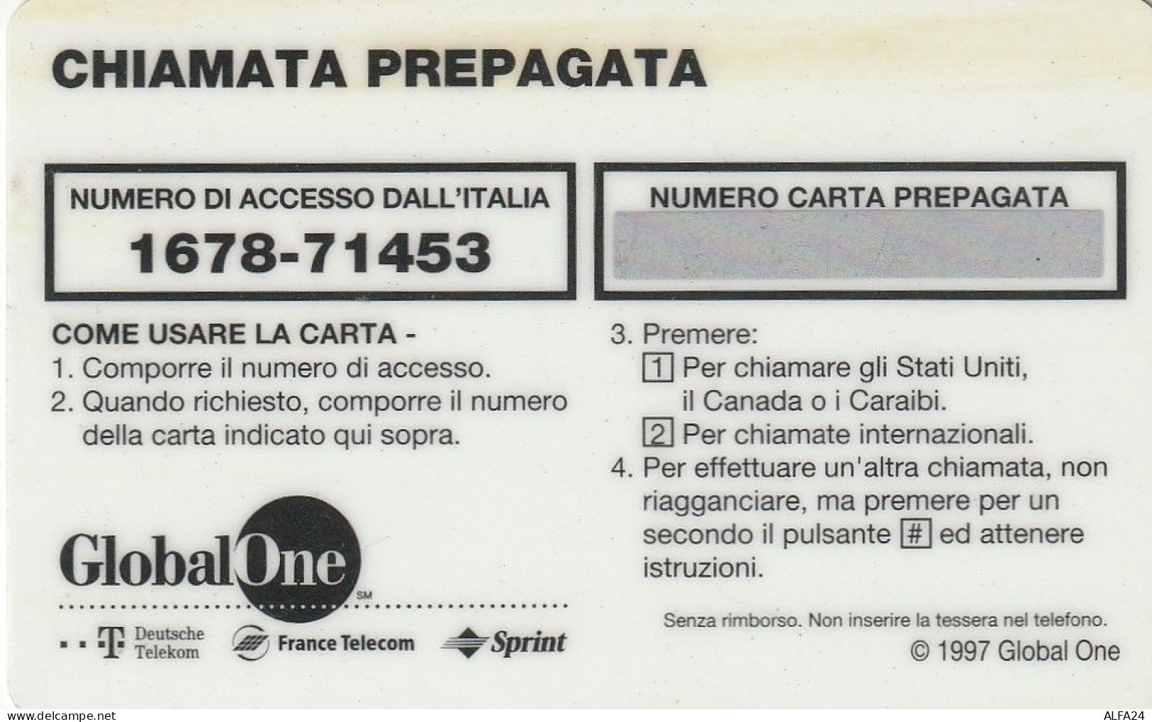PREPAID PHONE CARD ITALIA GLOBAL ONE (E78.9.2 - GSM-Kaarten, Aanvulling & Voorafbetaald