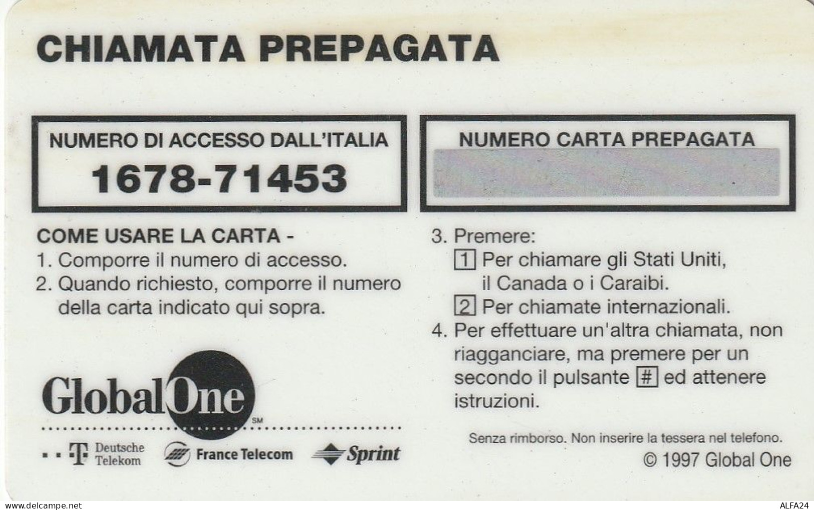 PREPAID PHONE CARD ITALIA GLOBAL ONE (E78.9.2 - [2] Handy-, Prepaid- Und Aufladkarten