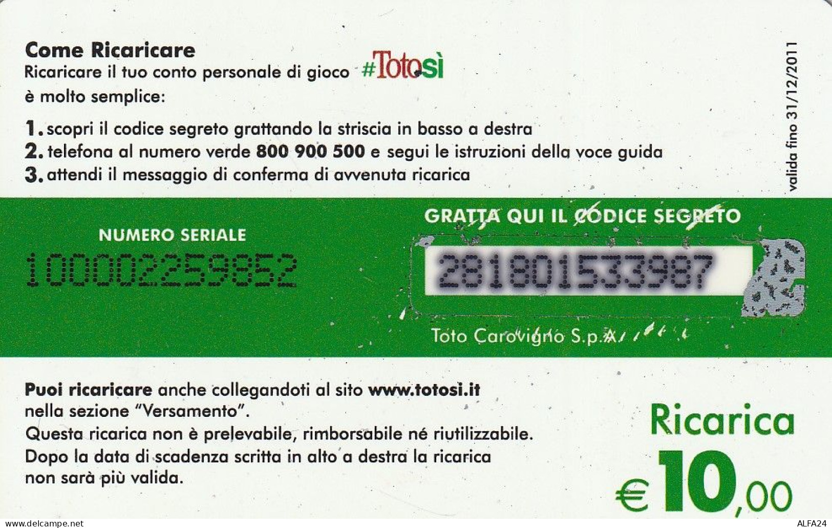 RICARICA TOTOSI 10  (E78.1.5 - Cartes GSM Prépayées & Recharges