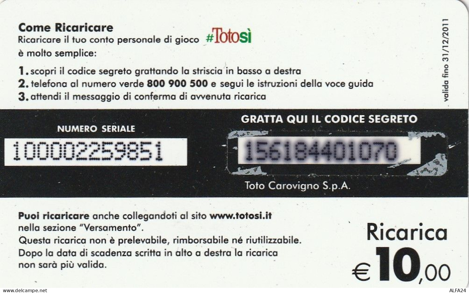 RICARICA TOTOSI 10  (E78.4.3 - Cartes GSM Prépayées & Recharges