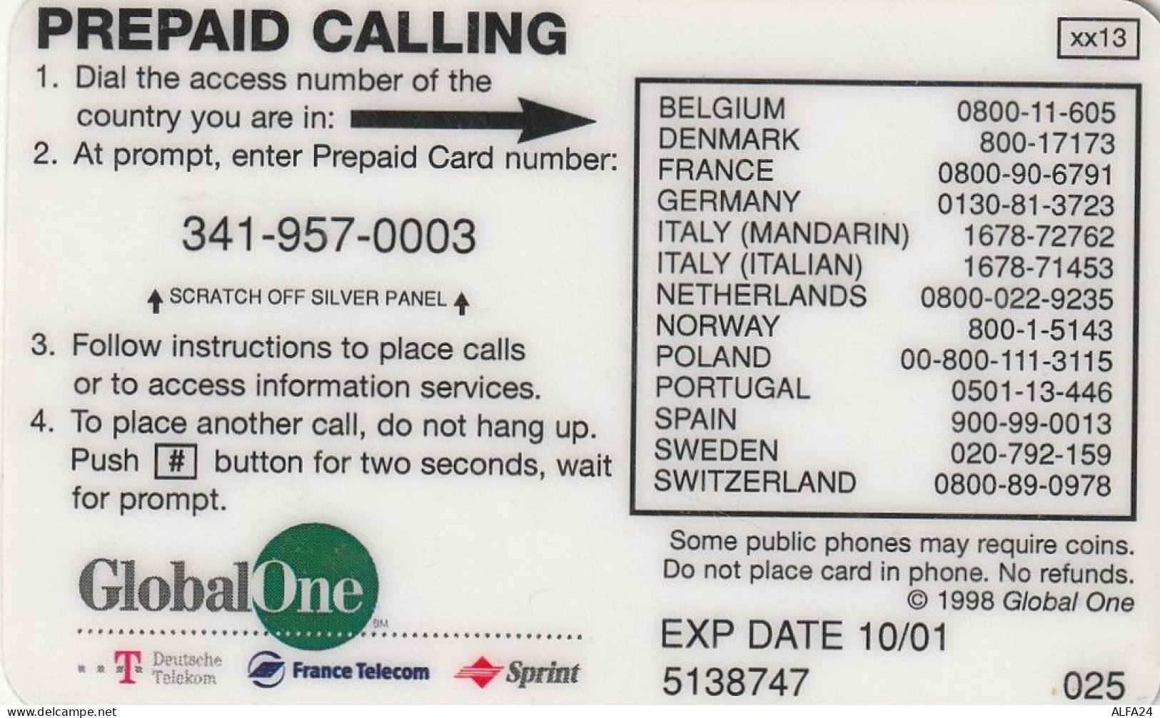 PREPAID PHONE CARD ITALIA GLOBAL ONE (E77.43.6 - Schede GSM, Prepagate & Ricariche