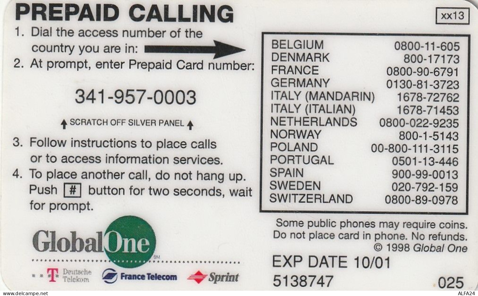 PREPAID PHONE CARD ITALIA GLOBAL ONE (E77.43.6 - [2] Handy-, Prepaid- Und Aufladkarten