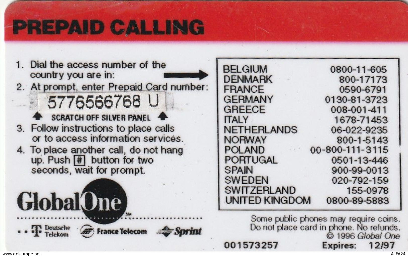 PREPAID PHONE CARD ITALIA  GLOBAL ONE (E77.38.3 - Cartes GSM Prépayées & Recharges