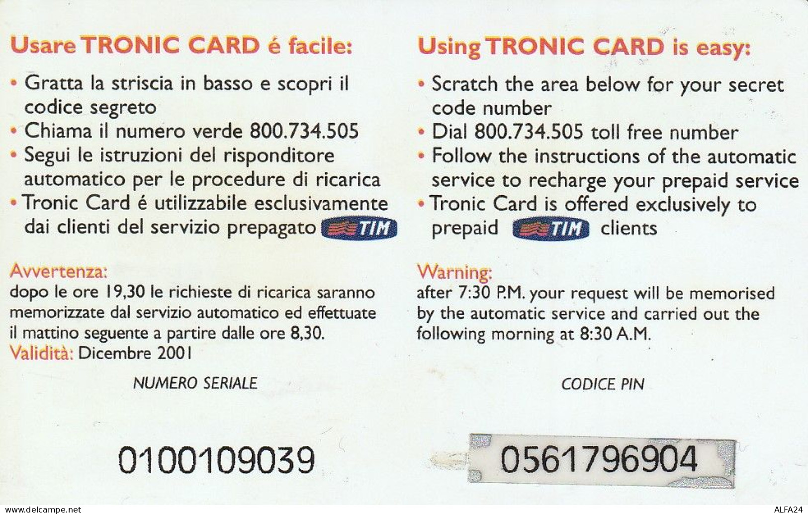 RICARICA TIM TRONY CARD 200  (E77.6.7 - [2] Tarjetas Móviles, Prepagadas & Recargos