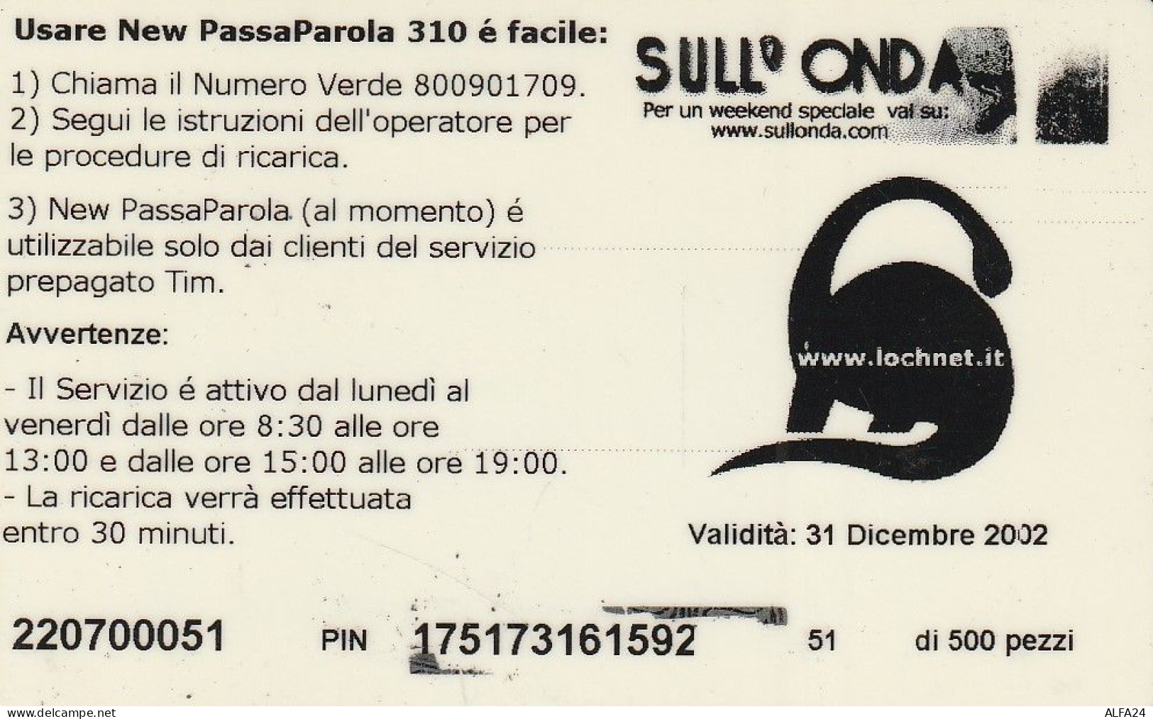 RICARICA TIM 310 FESTA DELLA DONNA  (E77.3.5 - [2] Sim Cards, Prepaid & Refills
