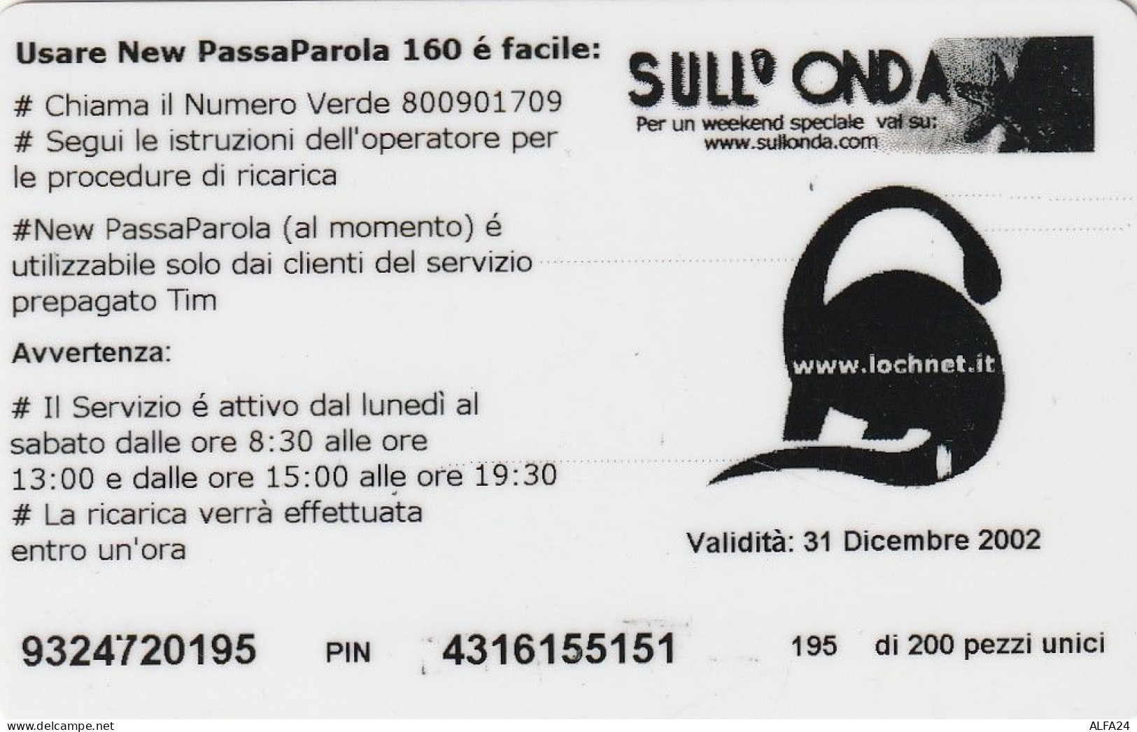 RICARICA TIM 160 BUONA PASQUA 2001  (E77.2.3 - [2] Sim Cards, Prepaid & Refills