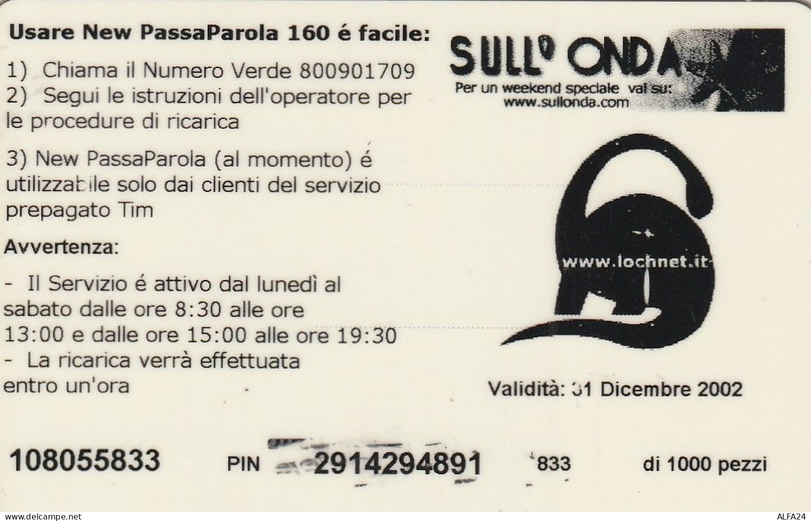 RICARICA TIM 110 FESTA PAPA 2001  (E77.1.8 - [2] Sim Cards, Prepaid & Refills