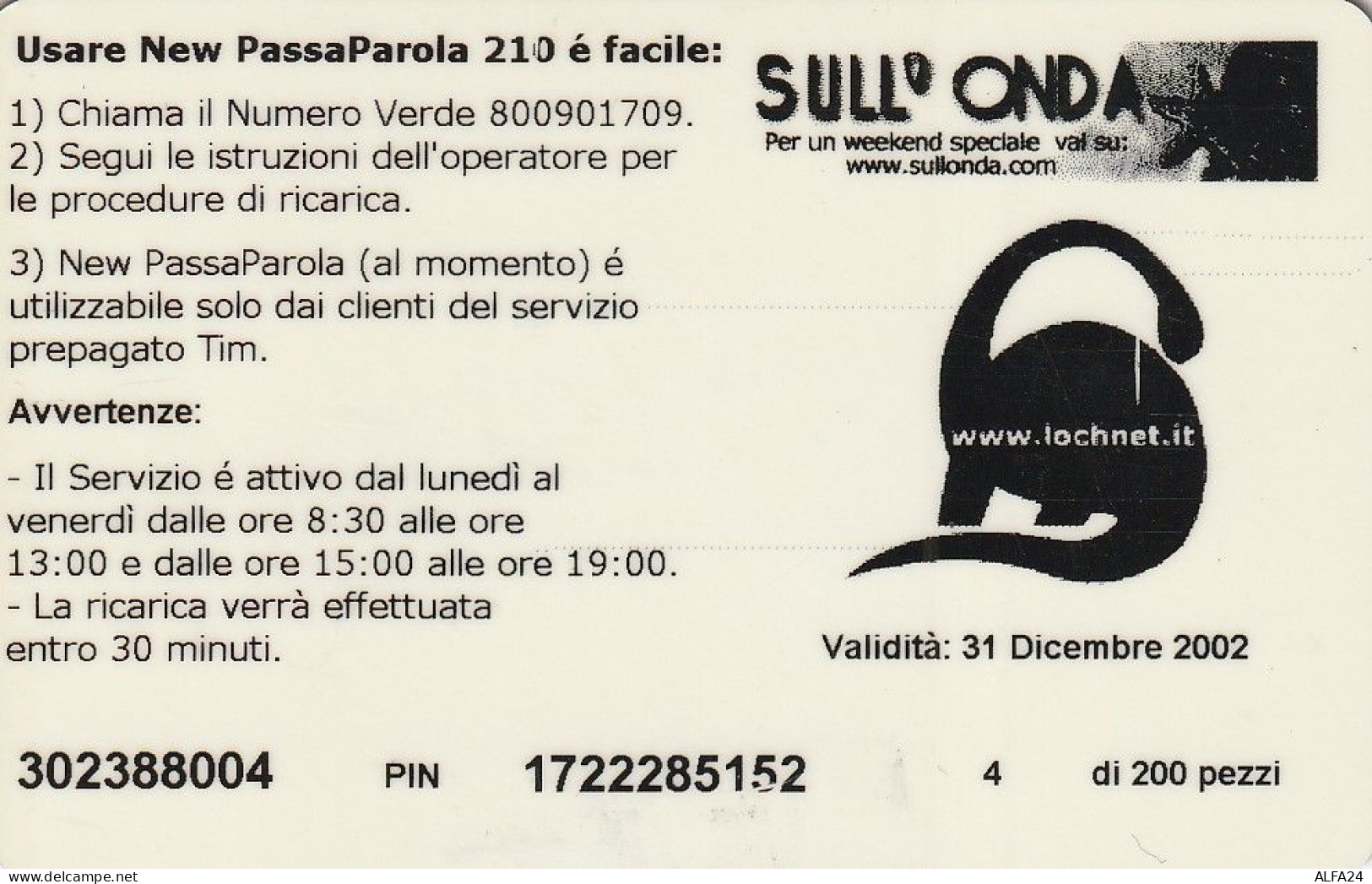 RICARICA TIM 210 CARNEVALE 2001  (E77.1.1 - [2] Sim Cards, Prepaid & Refills