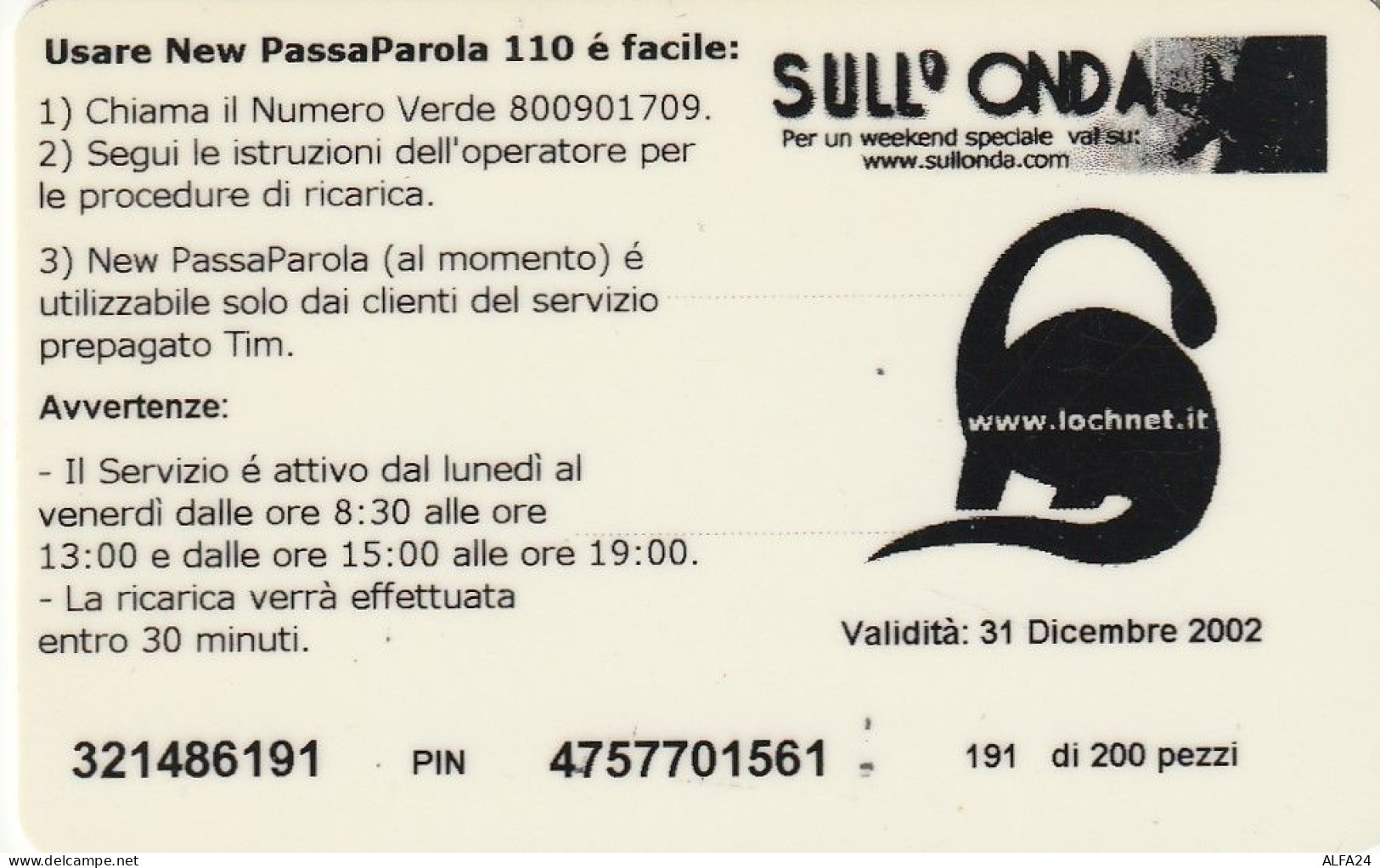 RICARICA TIM 110 CARNEVALE 2001  (USP41.7 - [2] Sim Cards, Prepaid & Refills