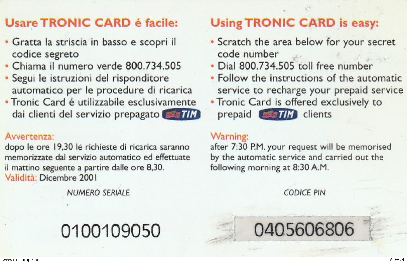 RICARICA TIM TRONY CARD 200  (USP36.7 - [2] Sim Cards, Prepaid & Refills