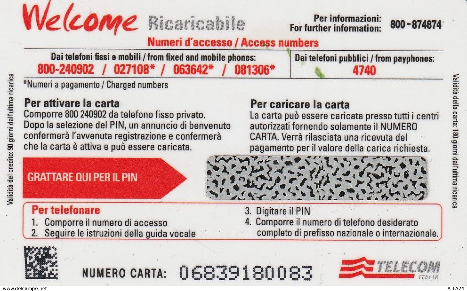 PREPAID PHONE CARD TELECOM WELCOME RICARICABILE  (USP25.1 - [2] Sim Cards, Prepaid & Refills