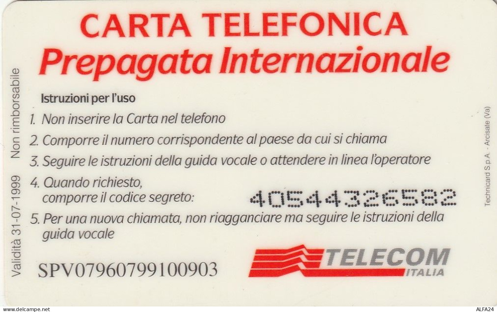 PREPAID PHONE CARD TELECOM 100 SPV  (USP22.5 - Schede GSM, Prepagate & Ricariche