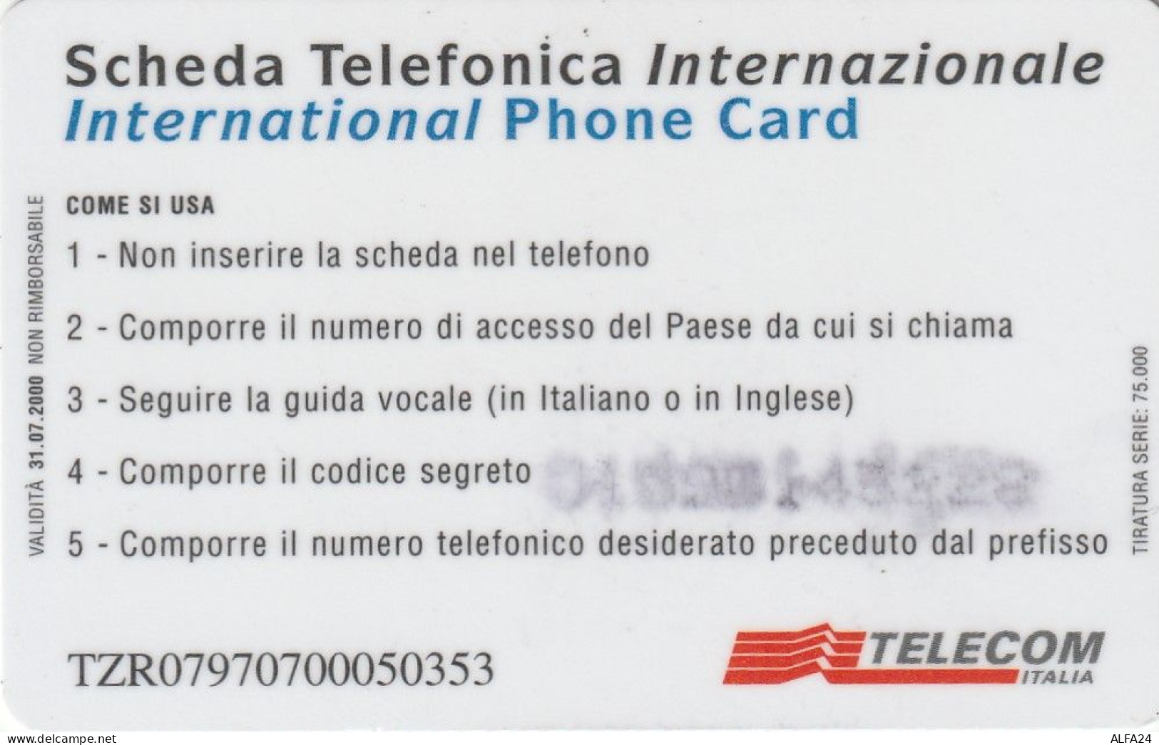 4216A INTERNAZIONALE TELECOM TZR 50 (USP17.8 - [2] Sim Cards, Prepaid & Refills