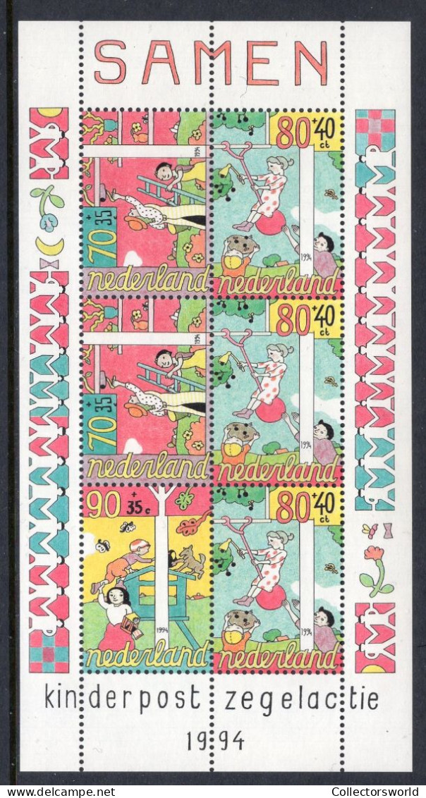 Netherlands Block 6v 1994 Child & Together - Child Welfare - Playing Swing Dog Butterfly MNH - Unused Stamps